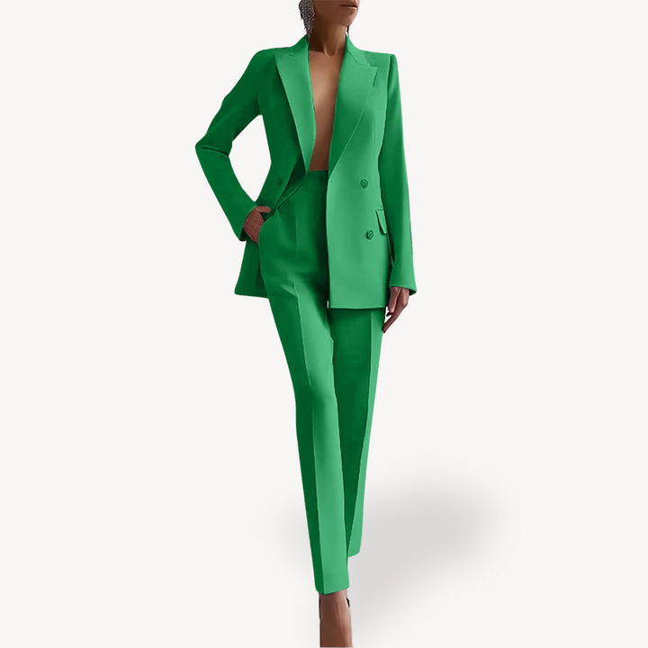 Elegant women's two-piece tailored suit set, featuring a stylish blazer and matching trousers for formal occasions.