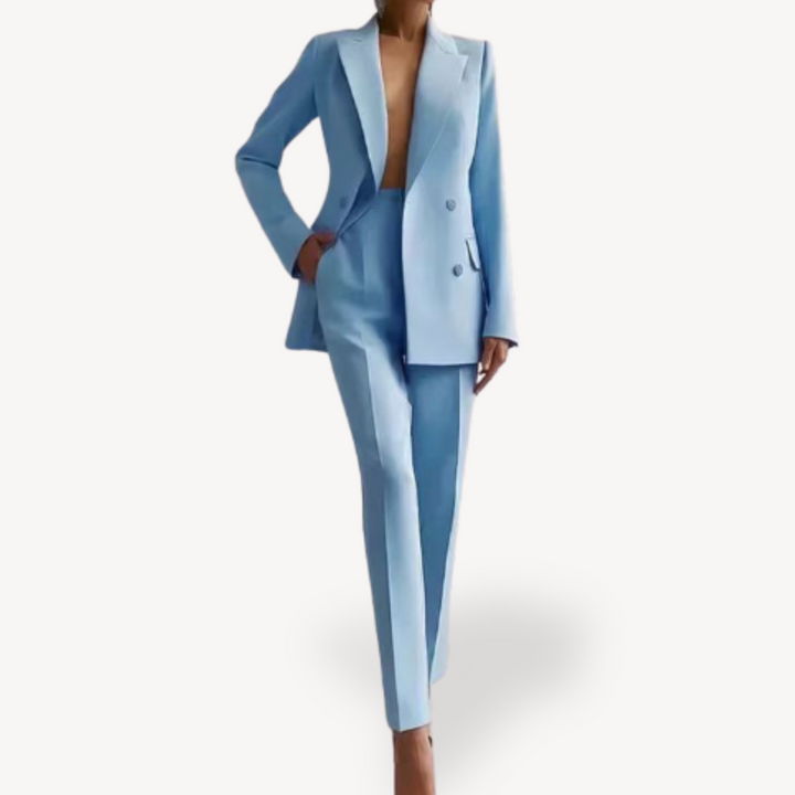 Sleek women's tailored blazer and trousers ensemble, a professional and fashionable business wear outfit.