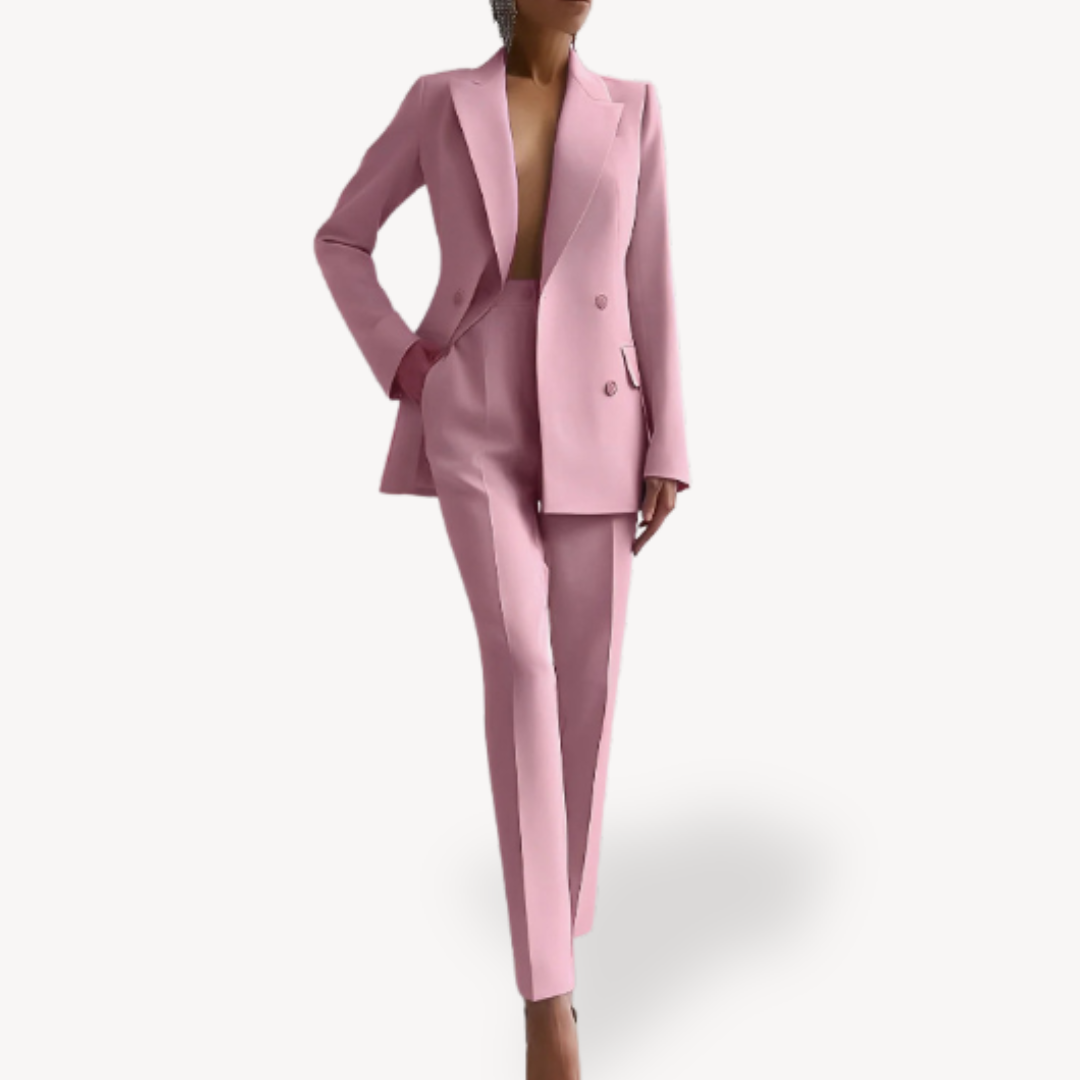 Chic women's tailored suit set with a modern blazer and trousers, ideal for a sophisticated professional look.