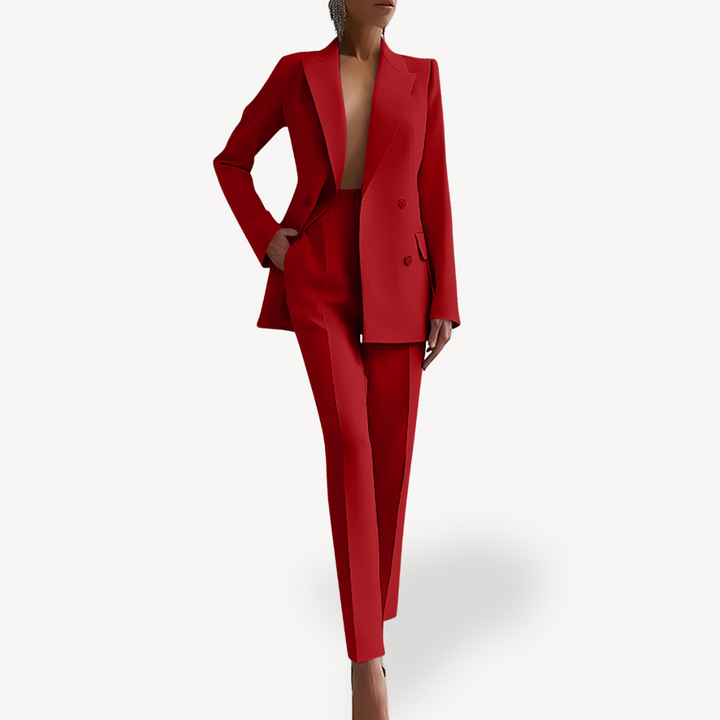 Finely tailored women's blazer and trousers set, a high-quality professional suit ensemble for elegant business wear.