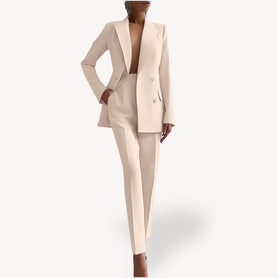 Complete women's tailored suit outfit: a stylish blazer paired with matching trousers for a sharp professional look.