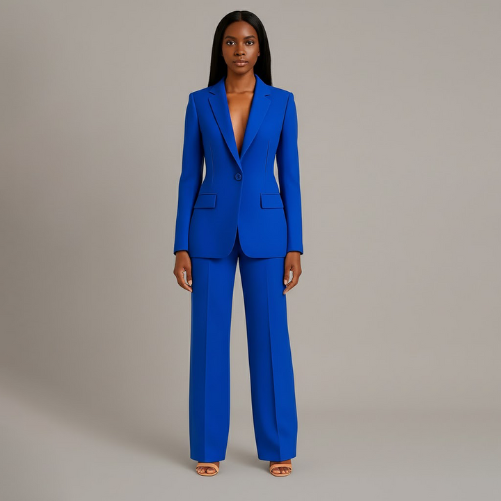 Modern women's business attire: long blazer and tailored pants in a coordinated set.