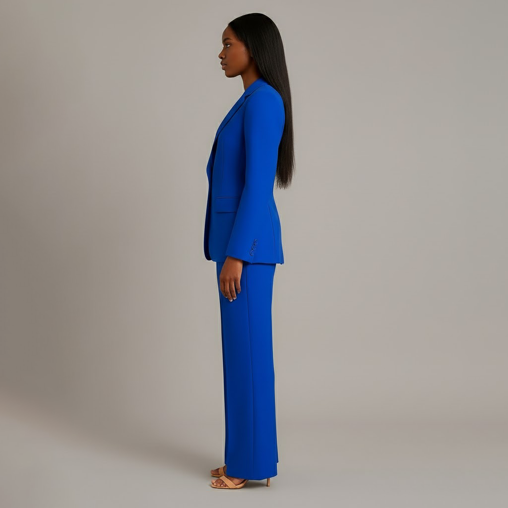 Classic women's formal suit featuring an elegant long-line blazer and slim pants.