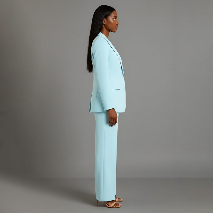 Women's sleek tailored suit, complete with a flattering long blazer & fitted trousers.