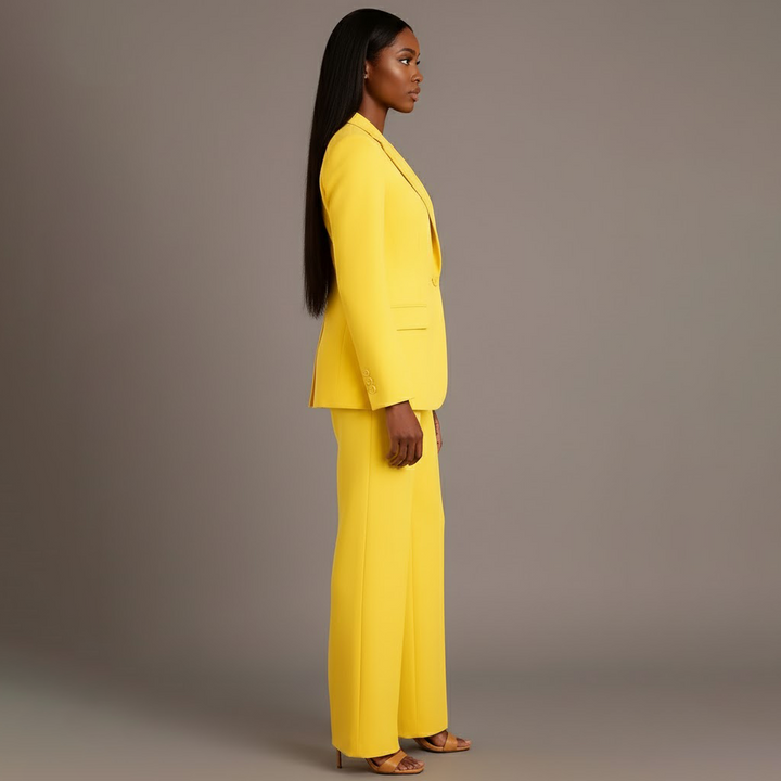Fashionable women's long blazer and tailored pants, a chic and polished formal suit.