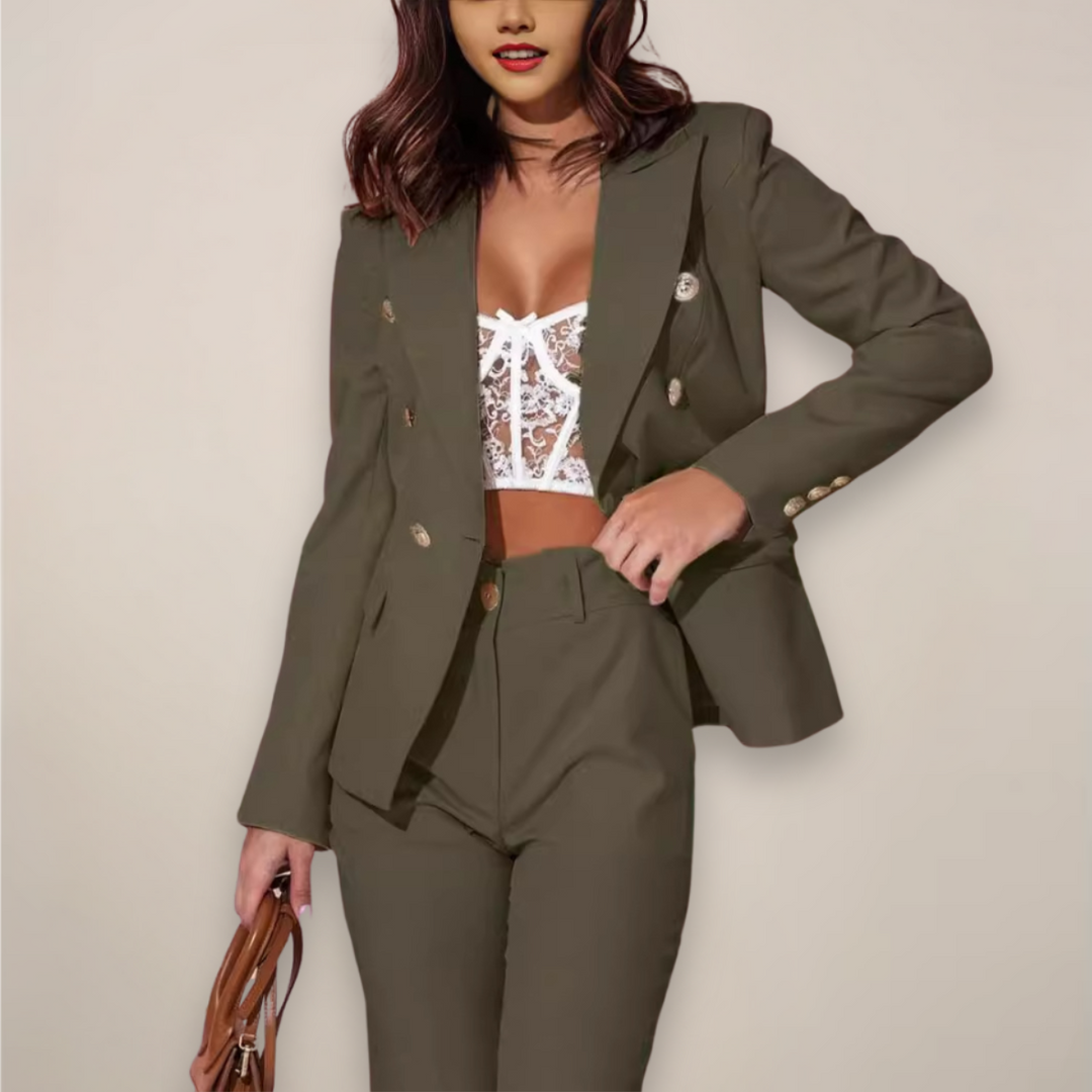 Women's tailored spring lavender blazer and trousers co-ord set, front view, professional fashion