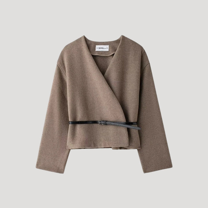 Women's taupe belted wrap jacket top, a chic and lightweight spring workwear option for casual fashion