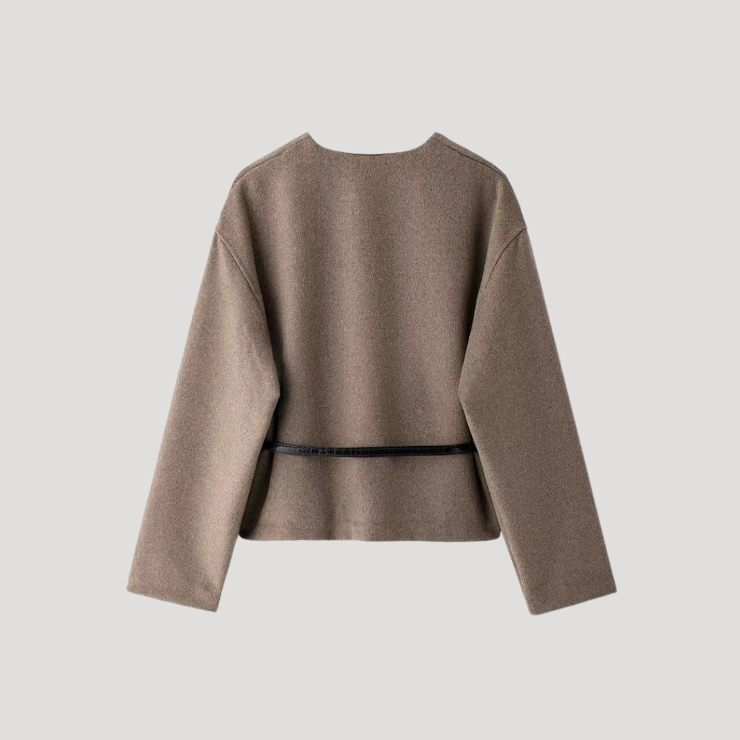 Stylish women's spring belted wrap jacket in taupe, perfect as a versatile top for work or casual wear