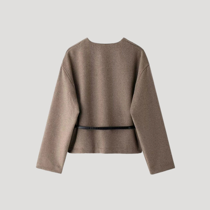 Stylish women's spring belted wrap jacket in taupe, perfect as a versatile top for work or casual wear
