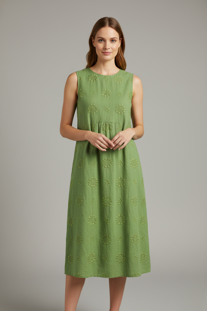 Comfortable women's textured sleeveless midi dress, round neck, with handy pockets for relaxed fit.