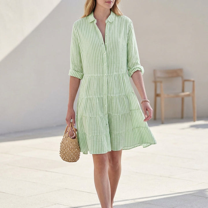 Women's tiered mini dress with button-down front & V-neck. Perfect casual summer or spring shirt dress.