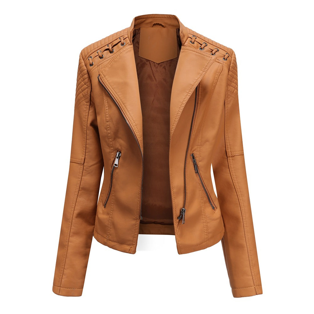 Women's trendy faux leather jacket with zipper front, a stylish and edgy moto jacket perfect for casual wear