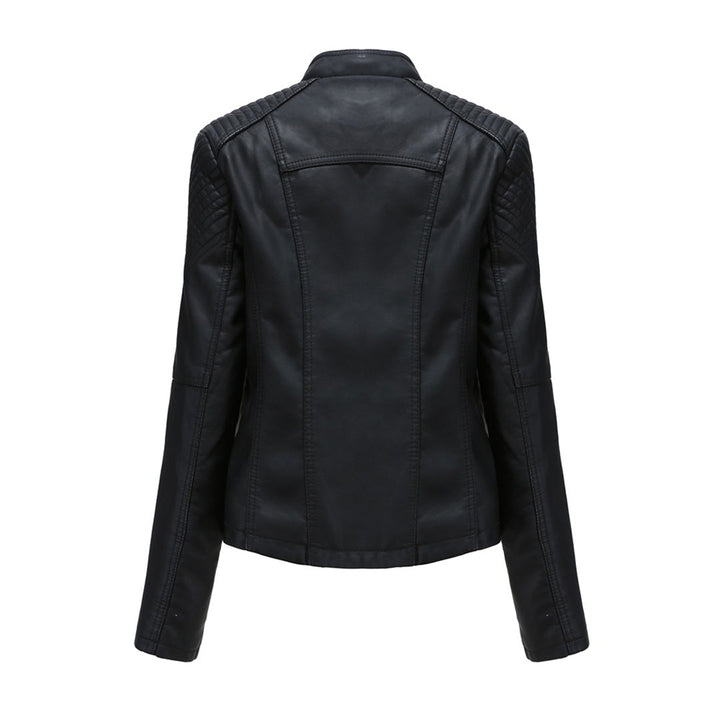 Stylish women's faux leather jacket with a prominent front zipper, an essential piece for fall fashion outerwear