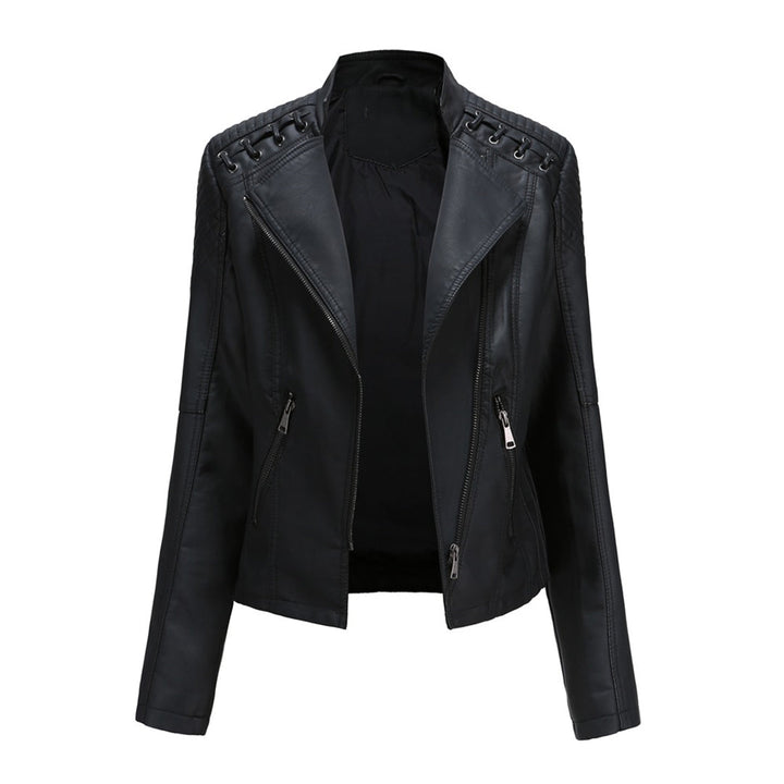 Trendy women's faux leather jacket, featuring a full zipper front, ideal for an edgy casual look and outerwear