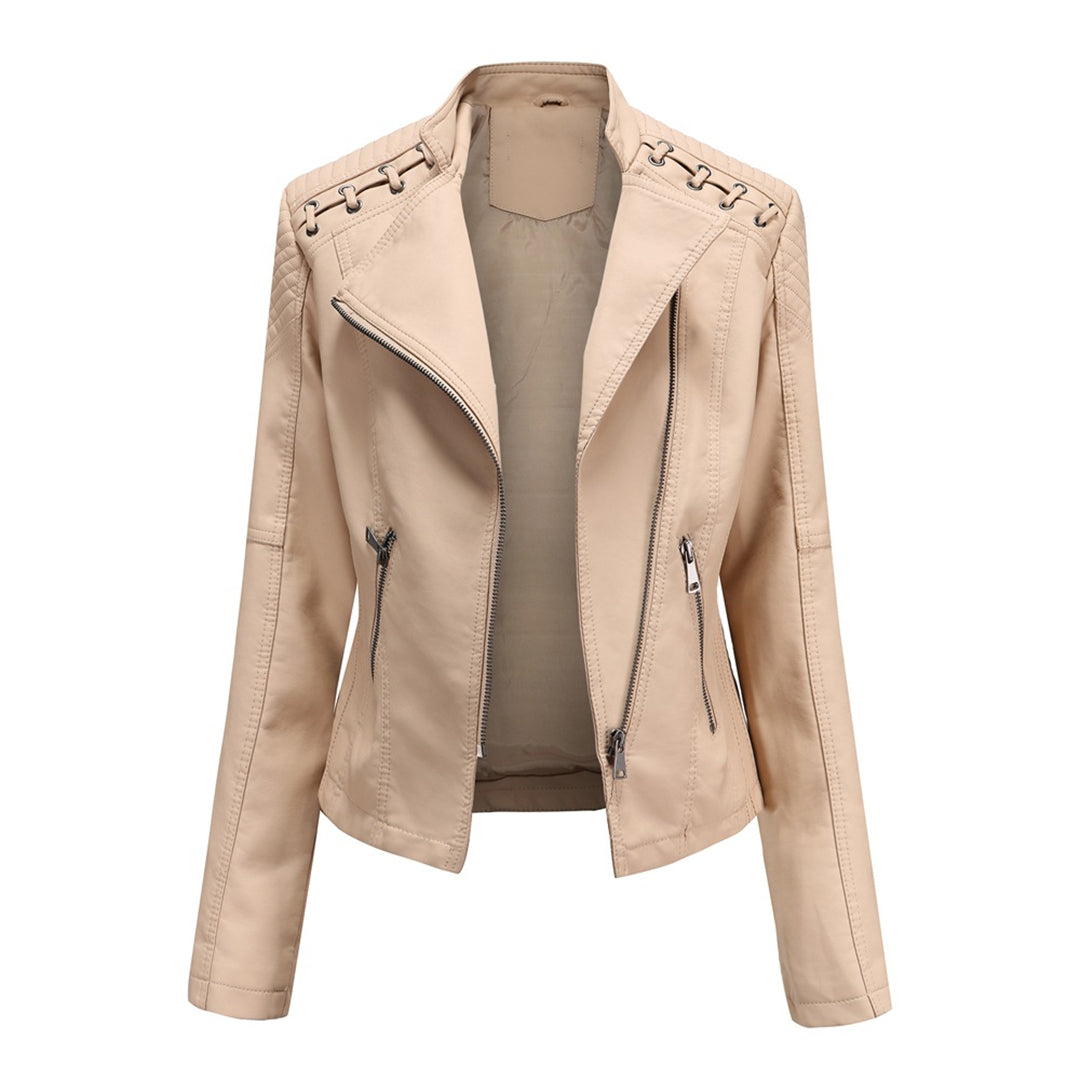 Casual yet trendy women's faux leather jacket with a sleek zipper front, perfect for everyday fall fashion