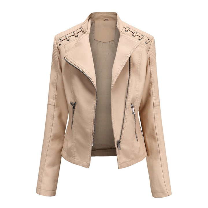 Casual yet trendy women's faux leather jacket with a sleek zipper front, perfect for everyday fall fashion