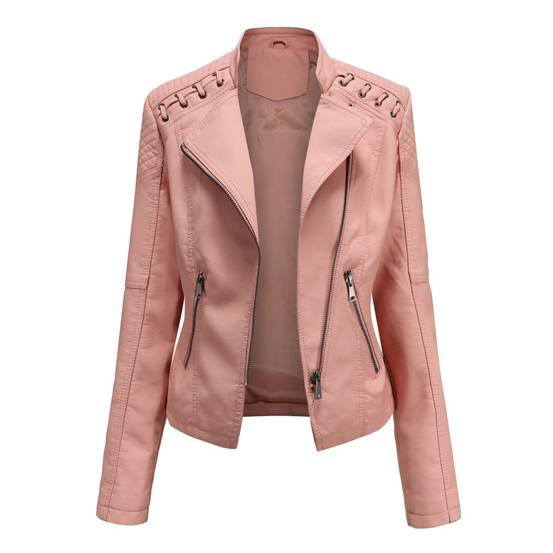 Edgy women's moto-style faux leather jacket with a functional front zipper, a must-have for trendy outerwear