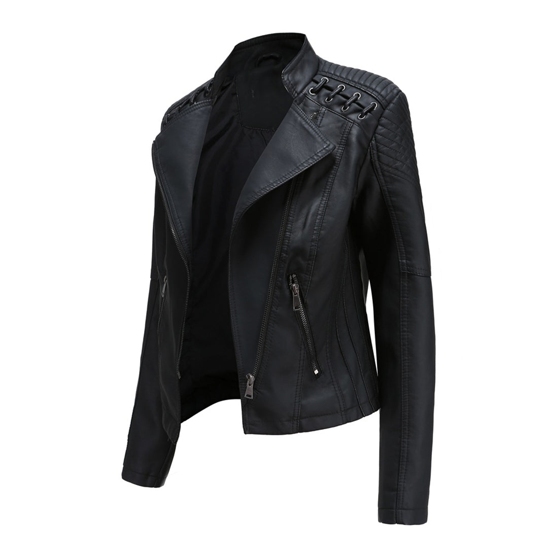 Full shot of a women's faux leather zipper jacket, showcasing its trendy design and versatile outerwear appeal