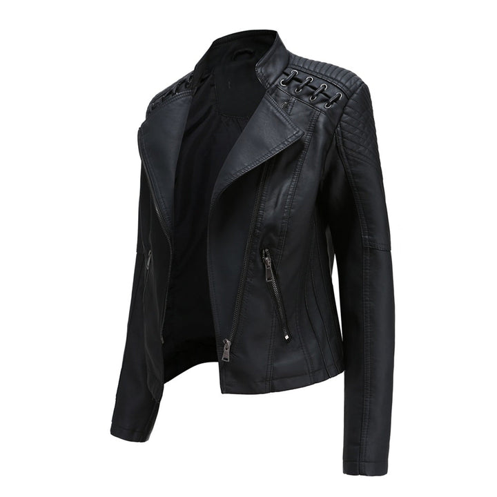 Full shot of a women's faux leather zipper jacket, showcasing its trendy design and versatile outerwear appeal