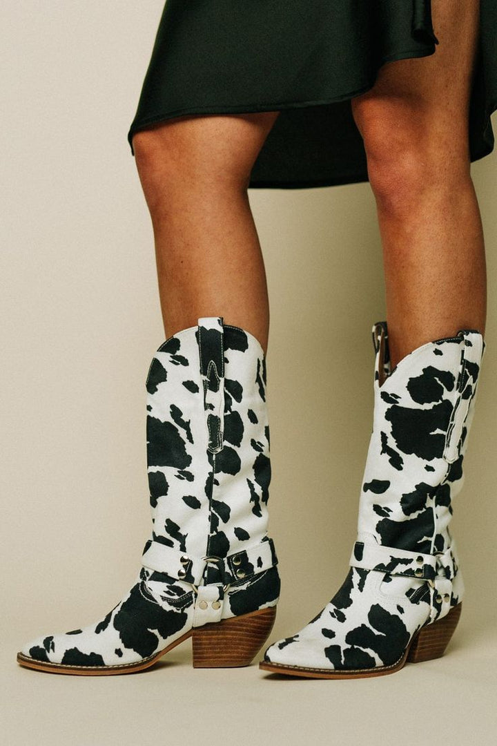 Women's trendy Western cow print belted boots, mid-heel, pointed toe, fashion footwear