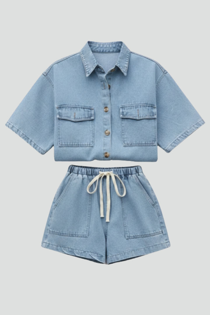 Women's two-piece short-sleeve shirt jacket & high-waist shorts set. Perfect for stylish spring & summer casual wear.