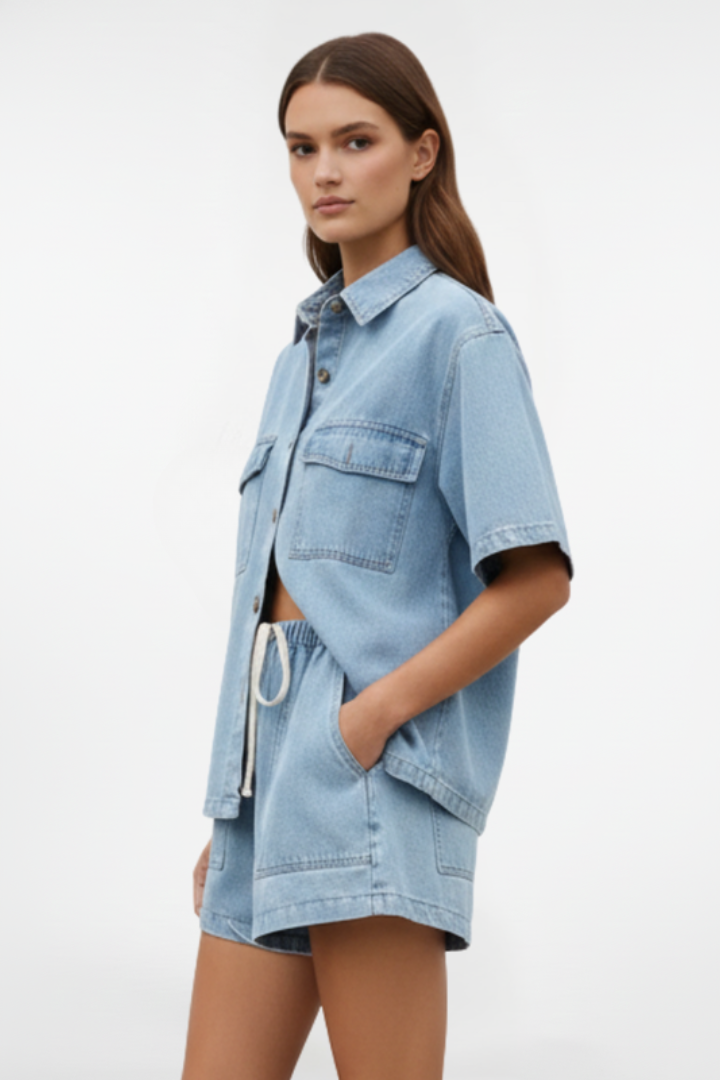 Comfortable women's two-piece set with a short-sleeve shirt jacket & trendy high-waist shorts for streetwear style.