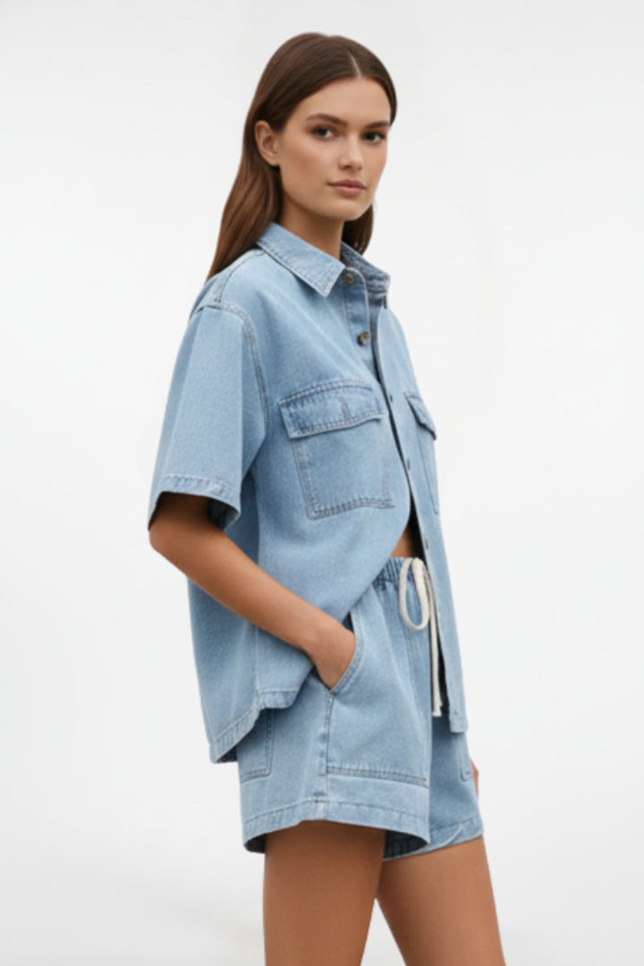 Stylish women's summer outfit: short-sleeve jacket & high-waist shorts two-piece set. Casual, coordinated fashion.