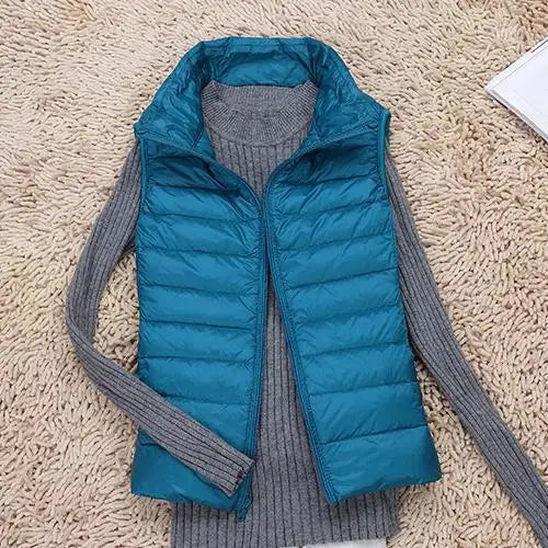 Stylish women's puffer vest, ideal fall fashion layering piece. This warm, casual sleeveless jacket is ultra-light.