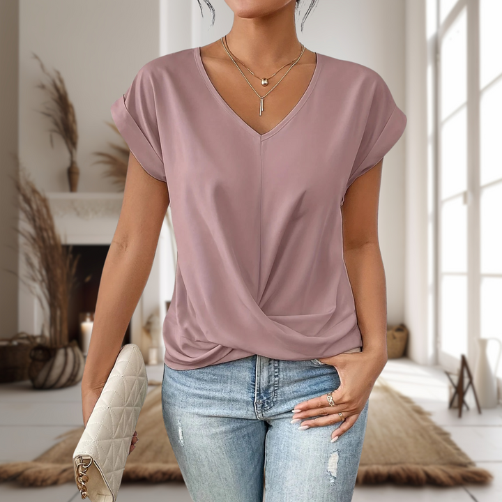 Stylish women's V-neck blouse with twisted hem, a versatile casual top for spring & summer.