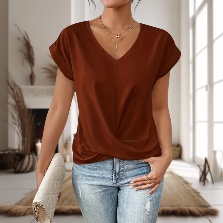 Comfortable women's V-neck blouse, a stylish short sleeve top with a chic twisted hem for everyday.