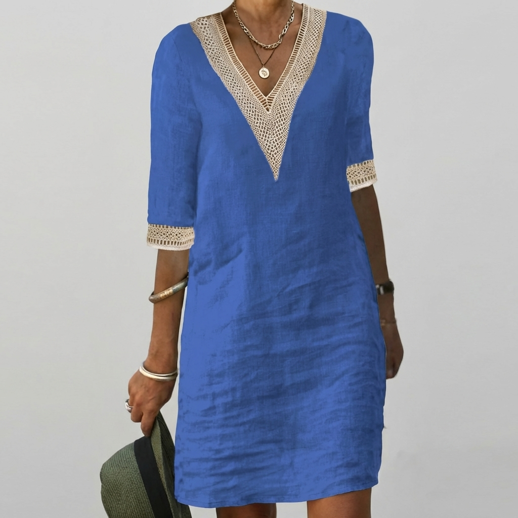 Women's V-neck casual dress with elegant lace trim. Perfect for spring & summer everyday wear.