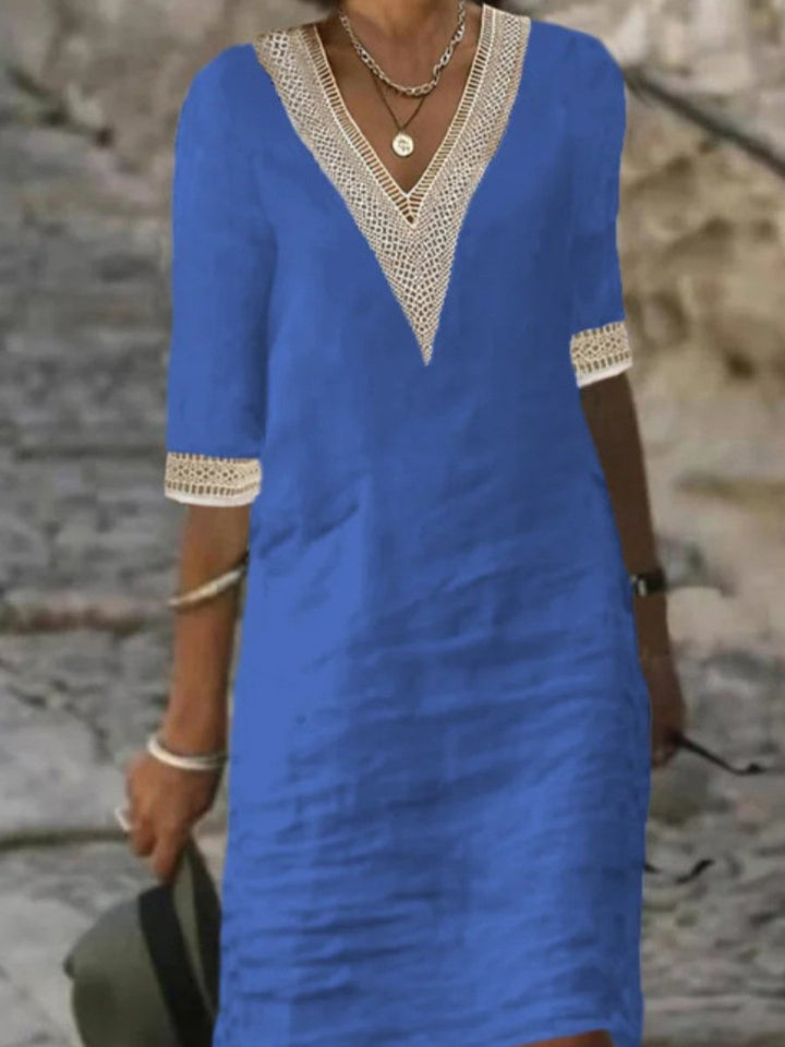 Stylish V-neck lace trim dress for women, ideal for casual spring fashion & comfortable daily wear.