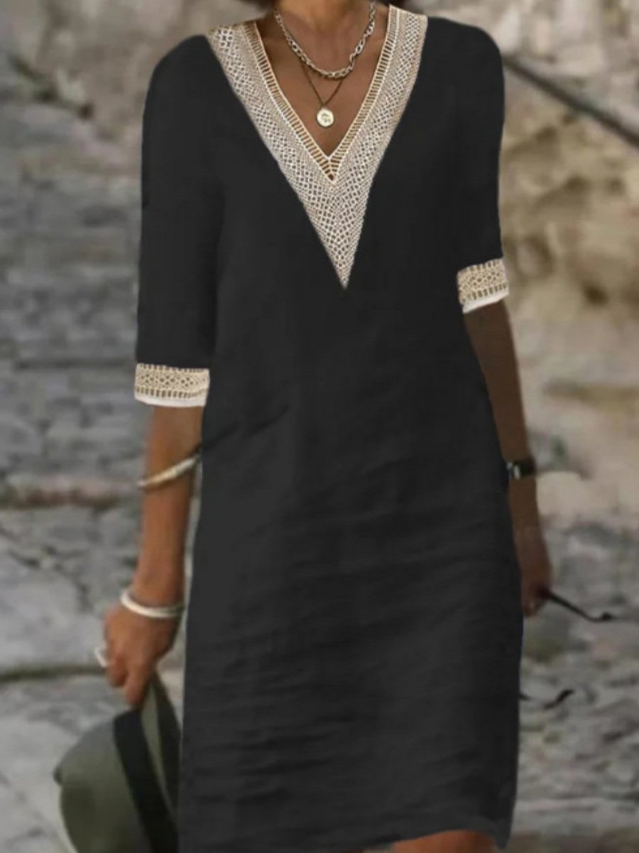 Casual women's V-neck dress with delicate lace trim, 3/4 sleeves & relaxed fit for summer style.