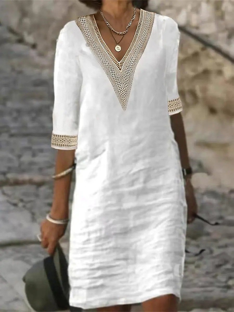 Everyday women's dress: breathable V-neck, lace trim, 3/4 sleeves & knee-length for ultimate comfort.