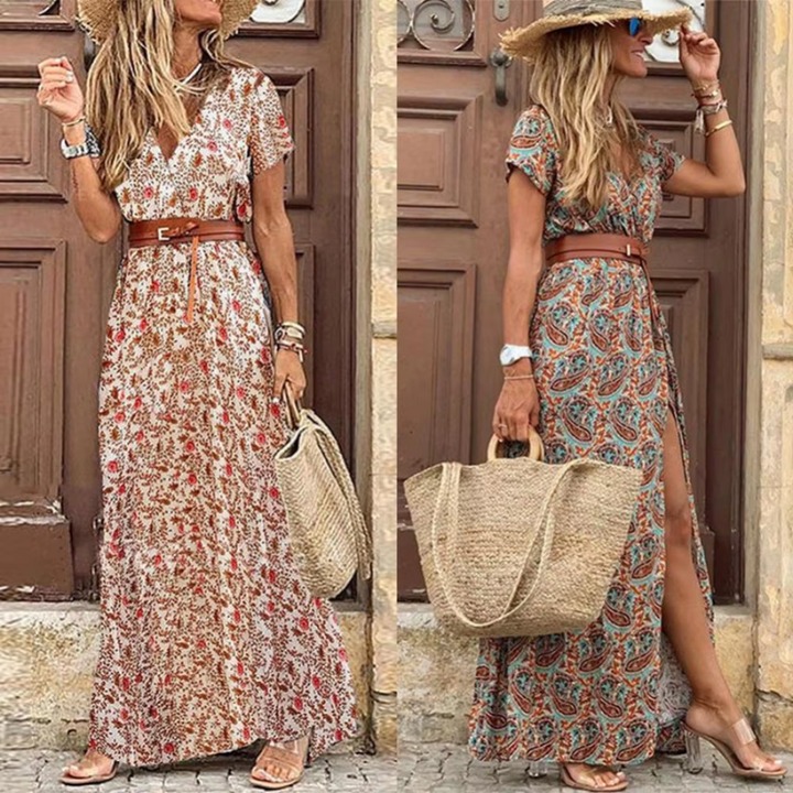 Women's V-neck floral print maxi dress with belt, perfect for summer vacation, beach, or elegant parties.