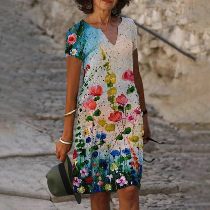Comfortable women's floral print summer dress, featuring a flattering v-neckline