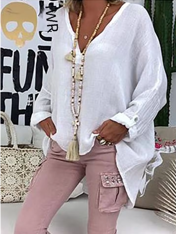 Stylish women's V-neck long sleeve blouse, relaxed fit top, ideal for casual and versatile fashion.