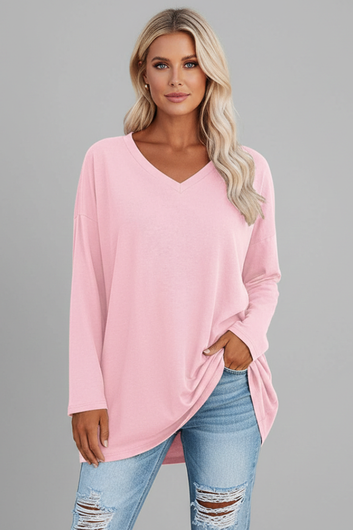 Women's V-neck long sleeve top in a comfortable relaxed fit, perfect for casual style.