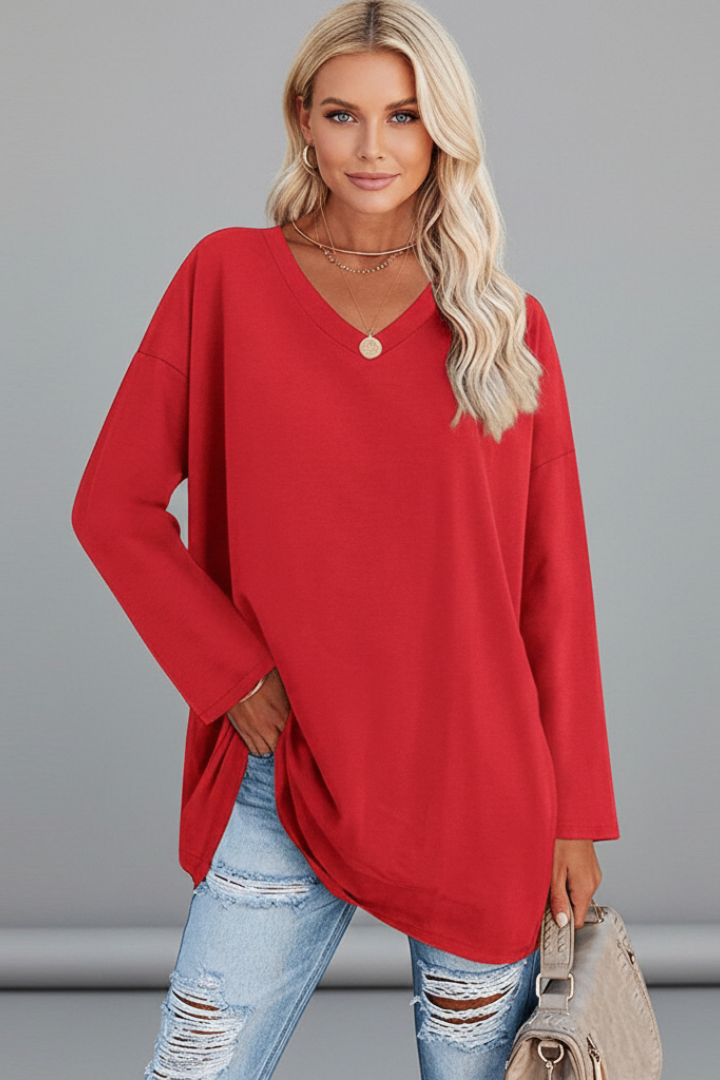 Everyday wear women's V-neck long sleeve top, pull-on style with a comfortable, relaxed fit.