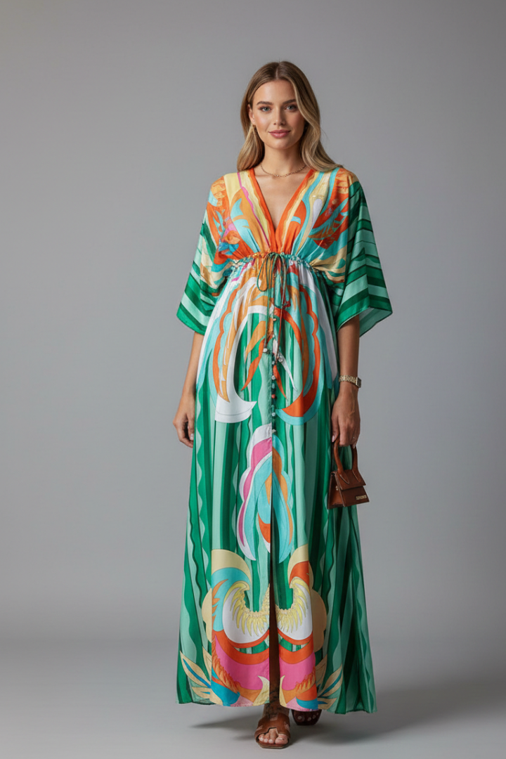 Printed batwing sleeve maxi dress for women, featuring a V-neckline and comfortable loose fit.