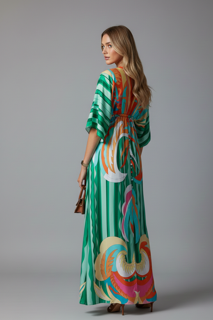 Bohemian style women's maxi dress with V-neck, tie waist, ideal for vacation or everyday.