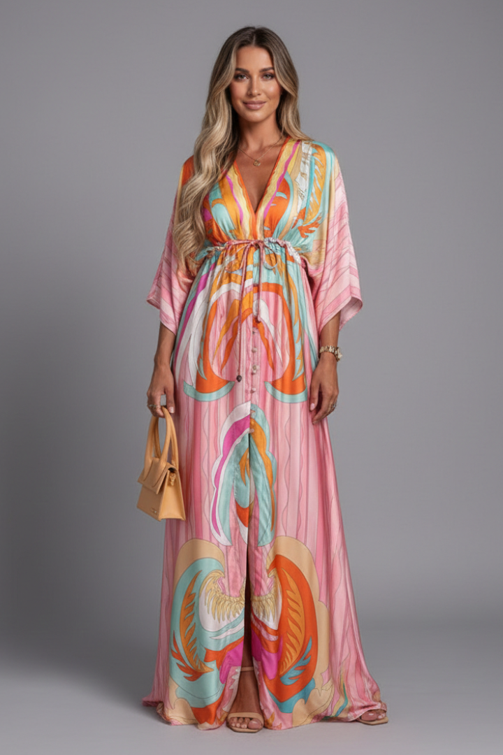 Summer vacation women's maxi dress, V-neck, tie waist, loose fit. Bohemian print.