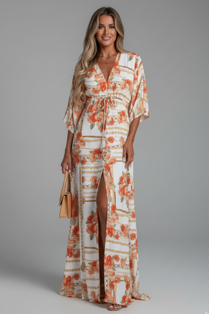 Comfortable women's V-neck maxi dress with batwing sleeves and adjustable tie waist. Everyday wear.