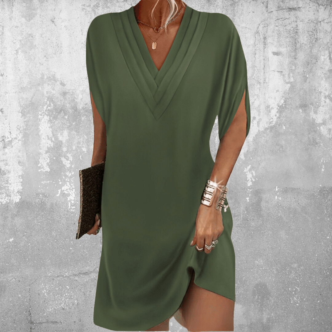 Women's V-neck mini dress with flowy sleeves, relaxed fit, perfect casual summer short dress.