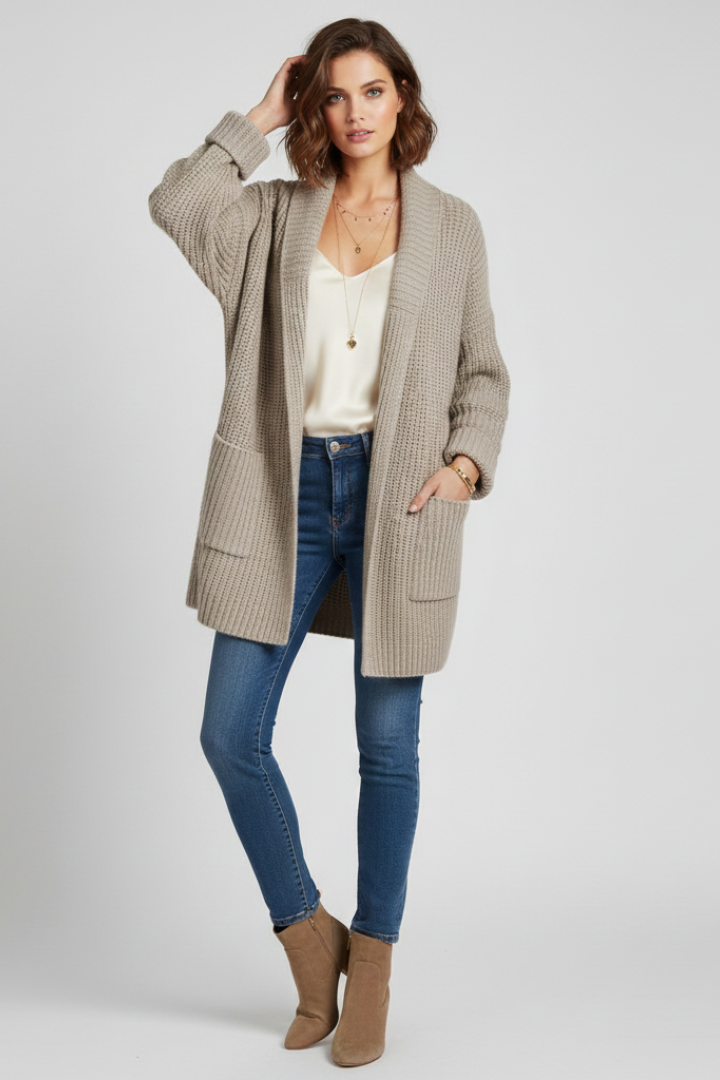 Stylish women's V-neck ribbed cardigan. Open front, perfect for casual wear & fashion layering.