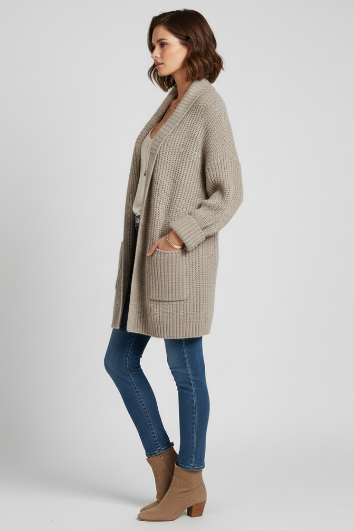Cozy ribbed V-neck open-front cardigan for women. Long sleeve, ideal for fall/winter fashion.