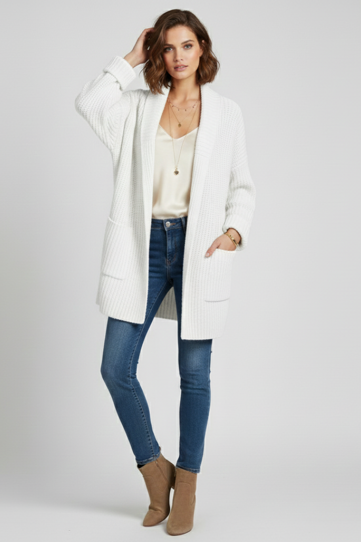 Elegant V-neck, ribbed knit, open-front women's cardigan. Long sleeves for stylish fall fashion.