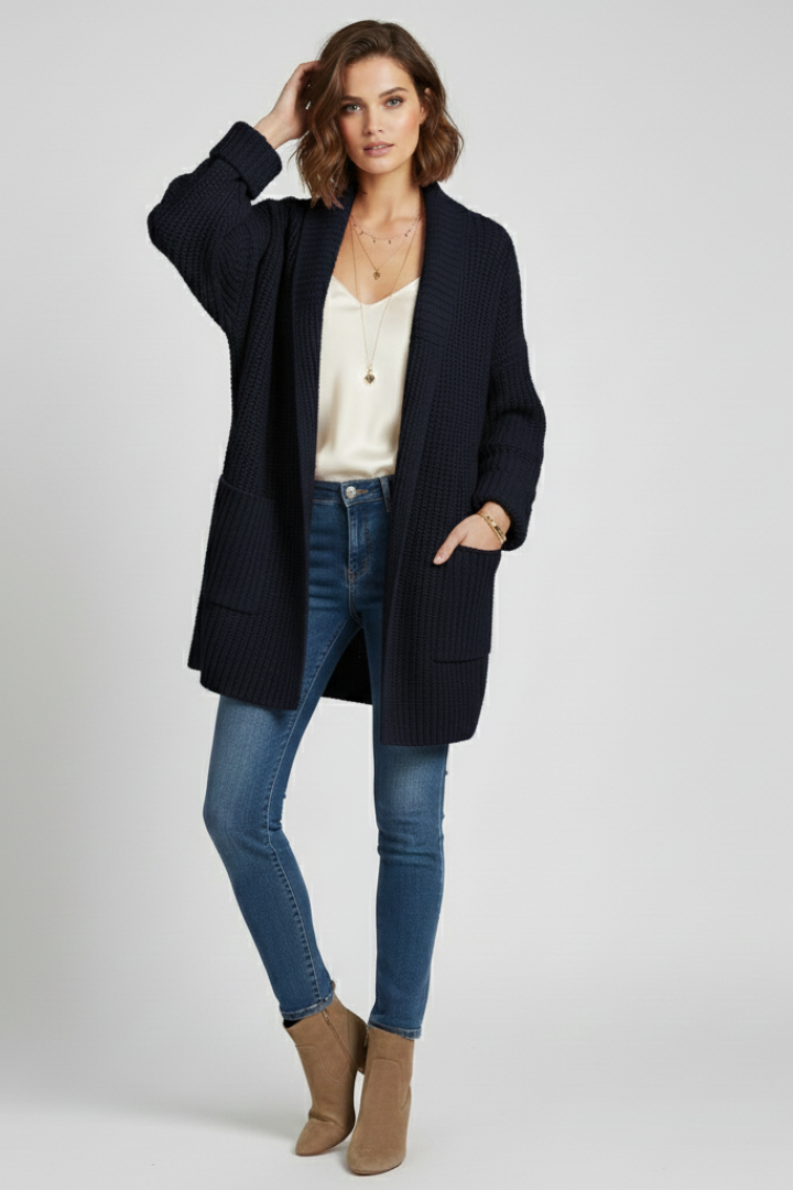 Fashionable women's ribbed V-neck cardigan. Open front, long sleeve, perfect layering piece for winter.