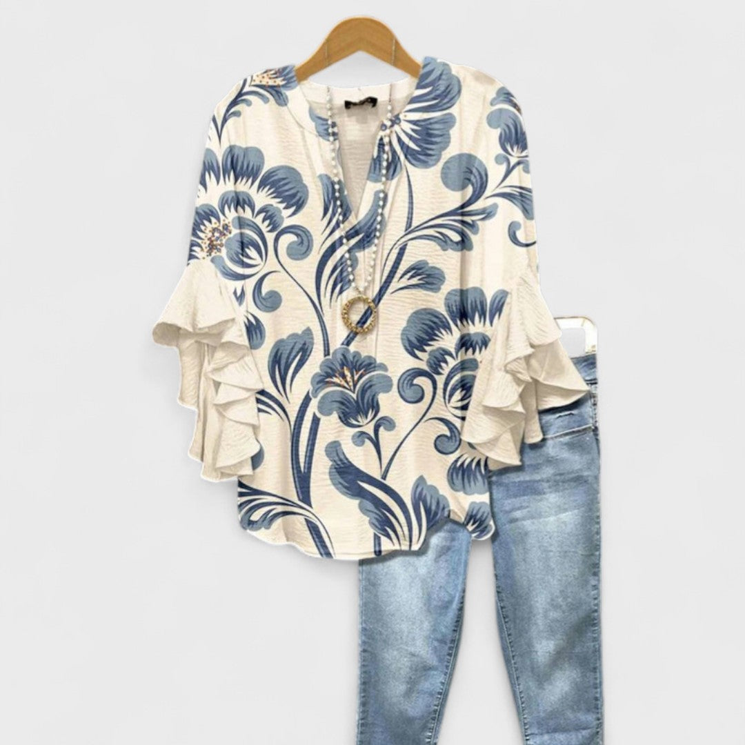 Women's V-neck ruffle sleeve blouse, elegant & comfortable. Spring fashion top.