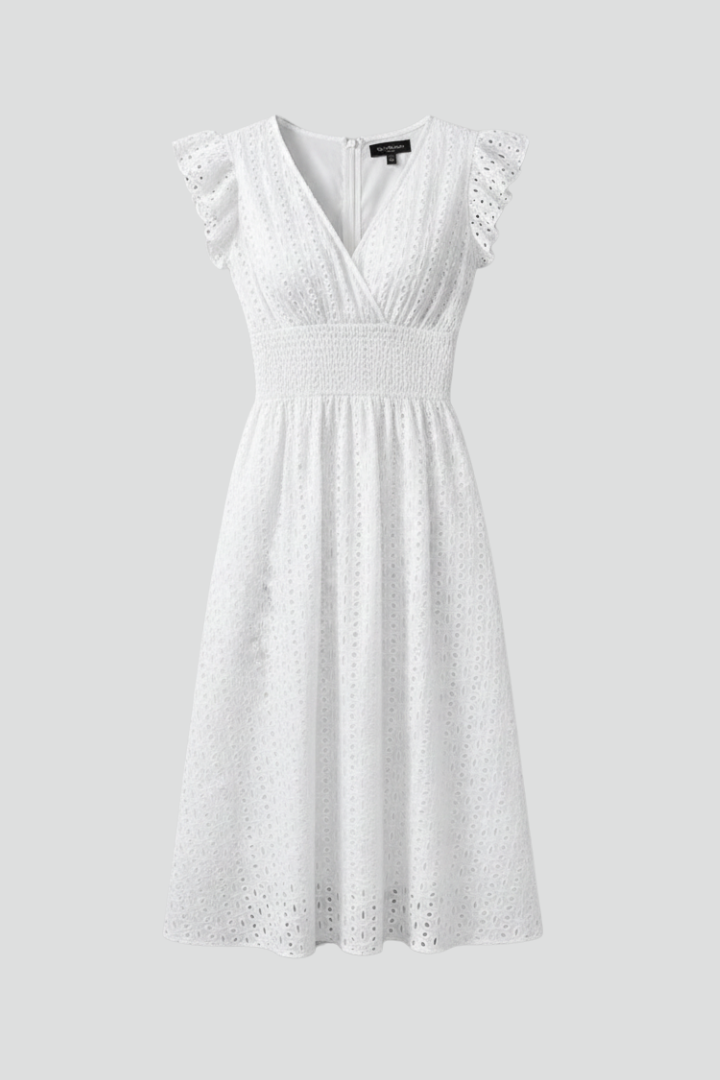 Women's V-neck ruffled sleeve knee-length dress, perfect for casual chic style.